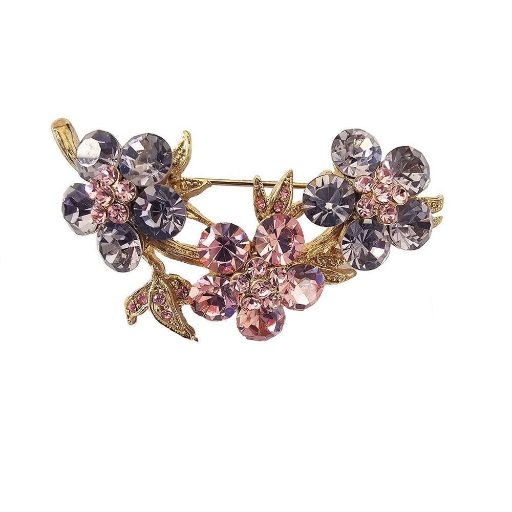 Vintage Gold Tone, Pink and Purple Crystal Brooch